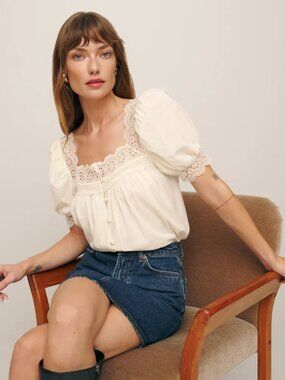 Reformation Cream Eyelet Lace Square Neck Puff Sleeve Blouse
